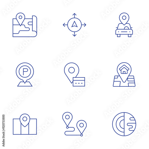 Map icons set. Thin Line style, editable stroke. car sharing, destination, geography, map, navigation, parking, placeholder, route