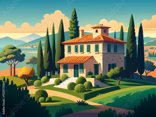 detailed illustration of a charming villa surrounded by olive trees and stone walls.