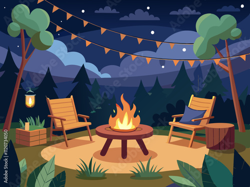 detailed illustration of a cozy firepit area with wooden chairs and string lights overhead.