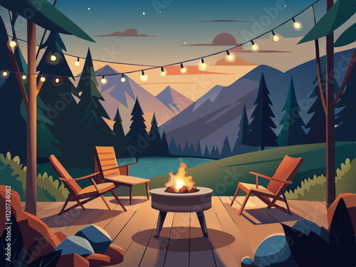 detailed illustration of a cozy firepit area with wooden chairs and string lights overhead.