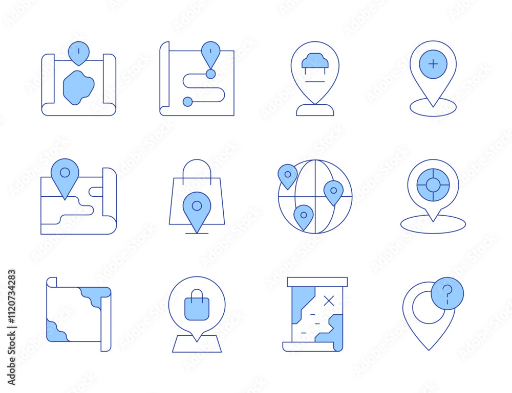 Map icons. Line Duotone style, editable stroke. map, treasure map, shopping bag, travel, meeting point, location pin, placeholder, question Map icons. Line Duotone style, editable stroke. map, treasure map, shopping bag, travel, meeting point, location pin, placeholder, question