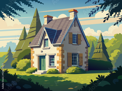 detailed illustration of a historic stone cottage with moss-covered roof tiles.