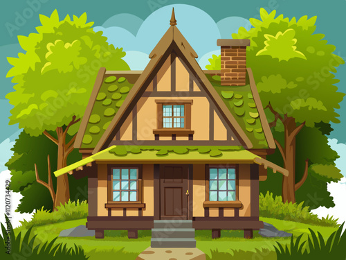 detailed illustration of a historic wooden cottage with moss-covered roof tiles.