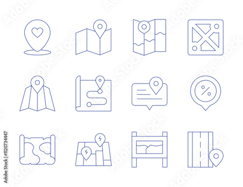 Map icons. Thin Line style, editable stroke. map, map location, map marker, map sign, moba, placeholder, road, speech bubble, street map