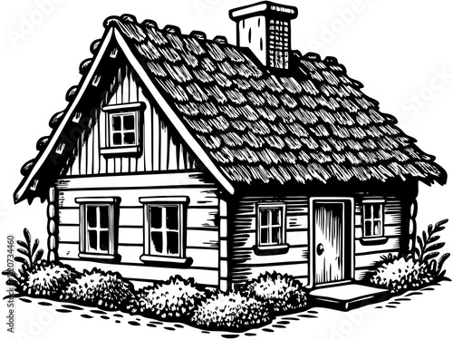 detailed illustration of a historic wooden cottage with moss-covered roof tiles.