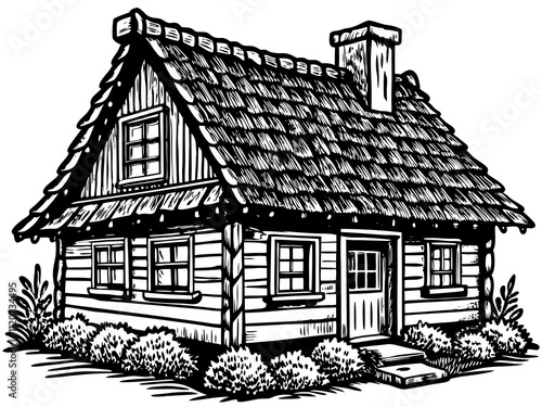 detailed illustration of a historic wooden cottage with moss-covered roof tiles.