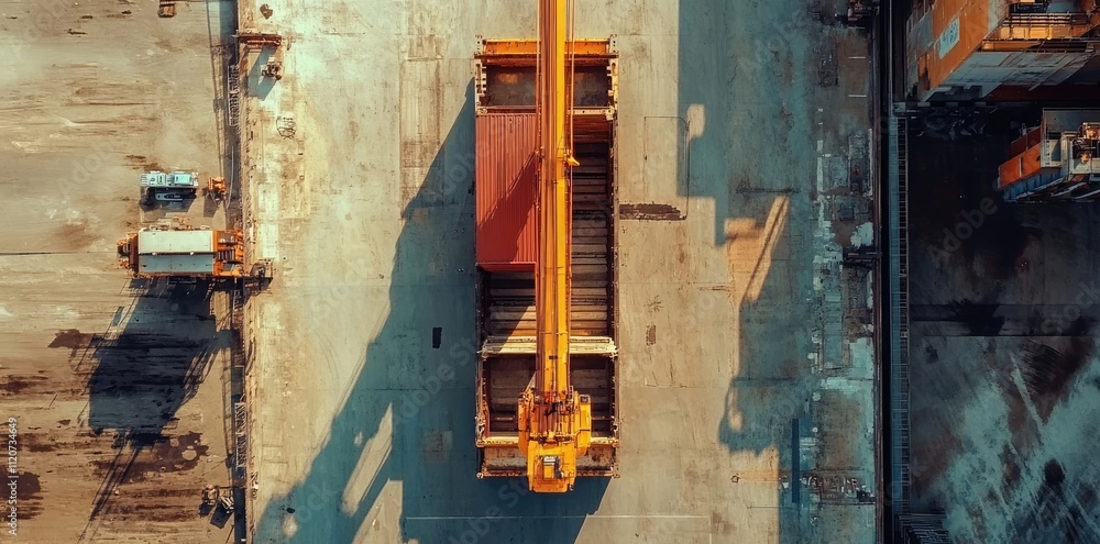 High-Angle View of Cargo Containers and Forklift in a Busy Port High-Angle View of Cargo Containers and Forklift in a Busy Port