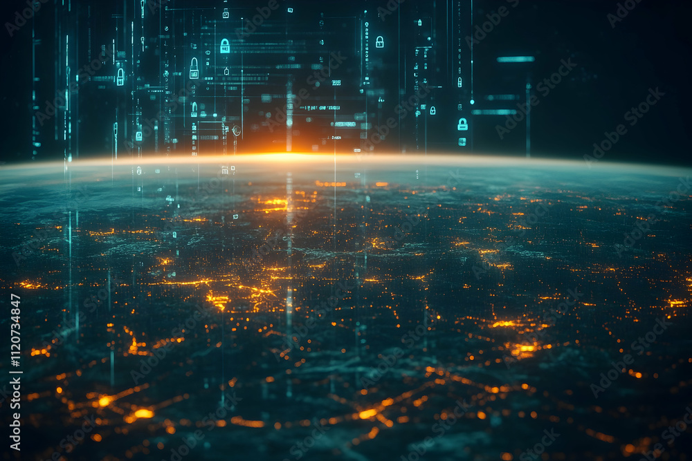 Global network data streams over illuminated city at night. Global network data streams over illuminated city at night.