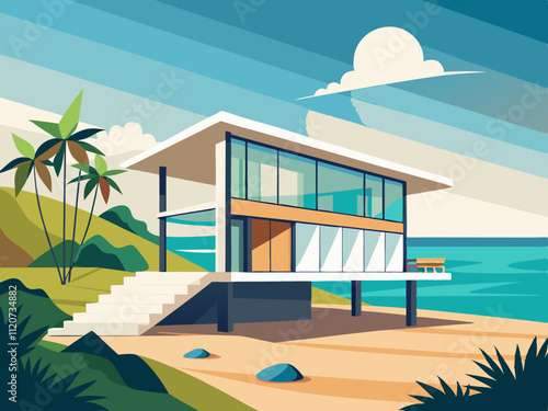 detailed illustration of a minimalist beachside house with large windows overlooking the sea