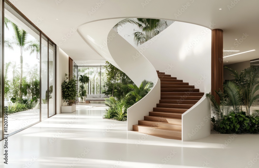 Modern home interior with spiral staircase, plants, and large windows. Modern home interior with spiral staircase, plants, and large windows.