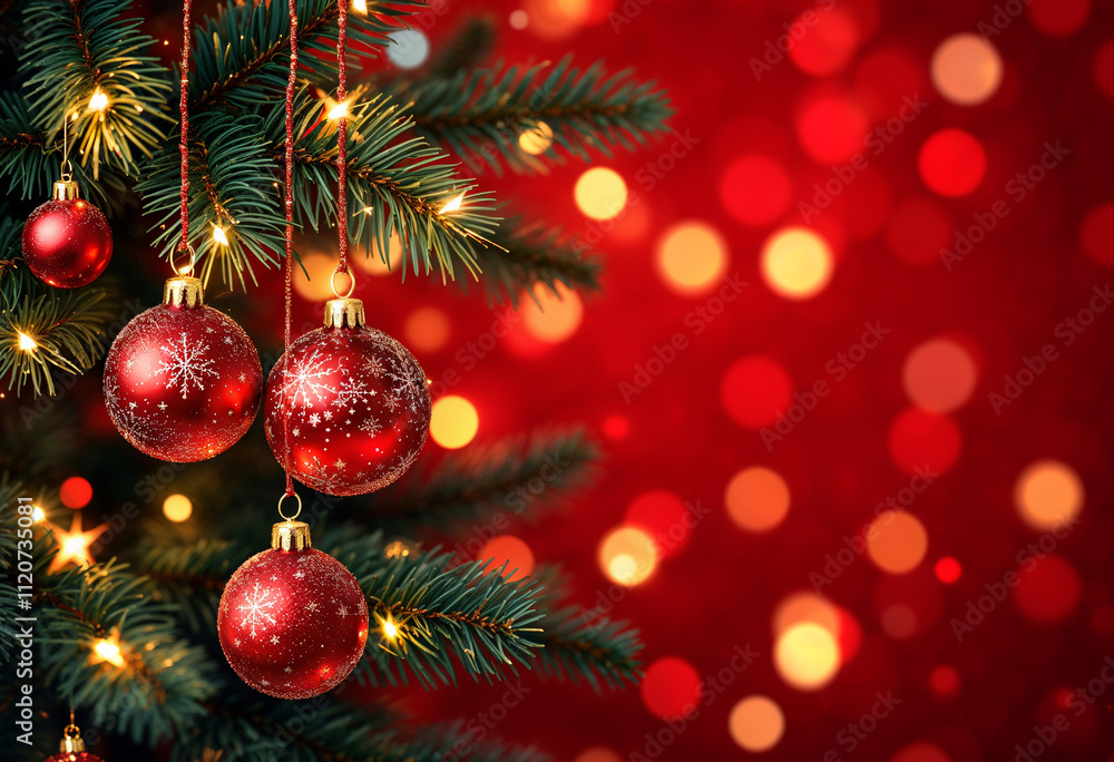 Christmas background In Red Shiny Glittering - Baubles Hanging Lights with copy space Christmas background In Red Shiny Glittering - Baubles Hanging Lights with copy space