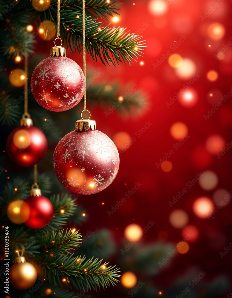 Christmas background In Red Shiny Glittering - Baubles Hanging Lights with copy space Christmas background In Red Shiny Glittering - Baubles Hanging Lights with copy space