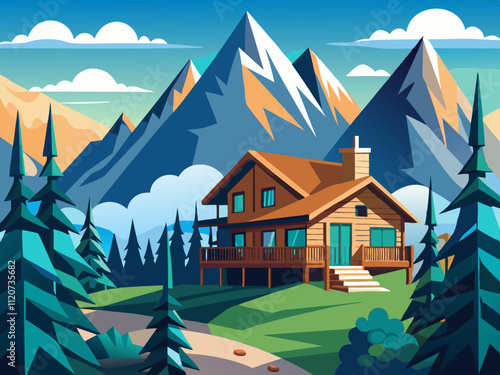 detailed illustration of a secluded mountain lodge with tall peaks in the background.