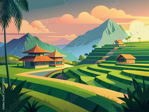 detailed illustration of a serene rice terrace with traditional huts in the distance.