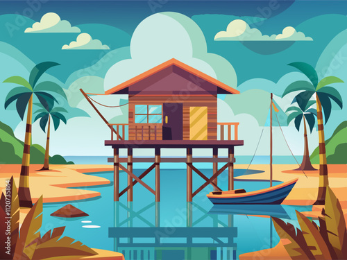 detailed illustration of a small fishing shack on stilts above a calm lagoon.