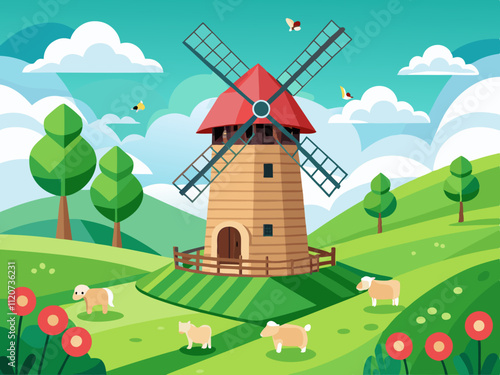 detailed illustration of a traditional windmill surrounded by grazing sheep on a green meadow.