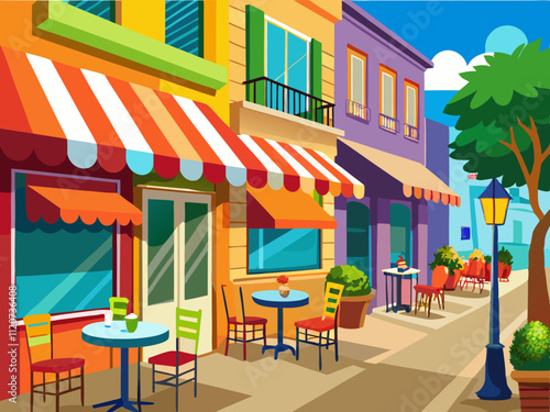 detailed illustration of a vibrant street café with colorful awnings and outdoor seating.