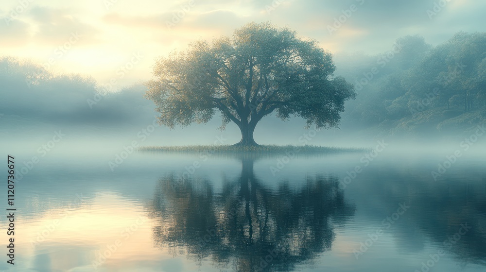 Serene sunrise over misty lake with lone tree reflecting in calm water.