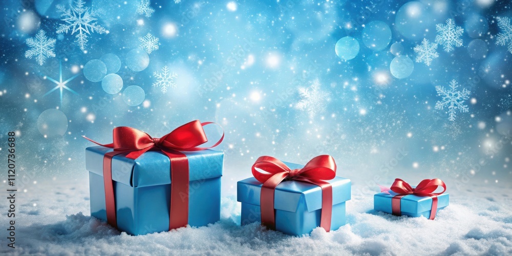 Blue gift boxes with red bows placed in a snowy landscape surrounded by snowflakes, snow, winter, holiday, presents Blue gift boxes with red bows placed in a snowy landscape surrounded by snowflakes, snow, winter, holiday, presents