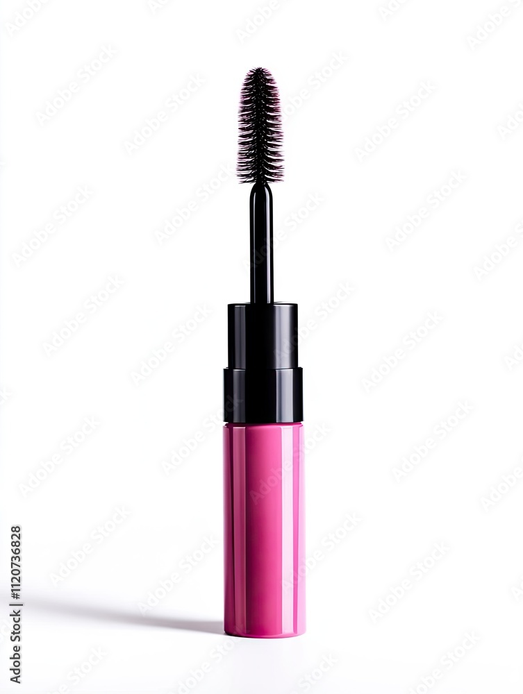 Obraz premium mascara for eyelashes pink, imitation eyelash bottle container, cosmetic makeup, on white background.