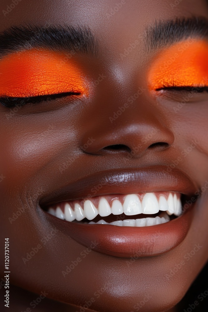 Fototapeta premium Radiant Portrait of a Smiling Woman with Vibrant Orange Eyeshadow and Flawless Skin, Emphasizing Joy and Confidence in a Close-Up Shot