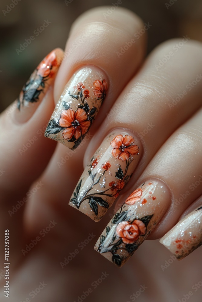Elegant Floral Nail Art with Brown Polish in Cozy Autumn Vibes Elegant Floral Nail Art with Brown Polish in Cozy Autumn Vibes