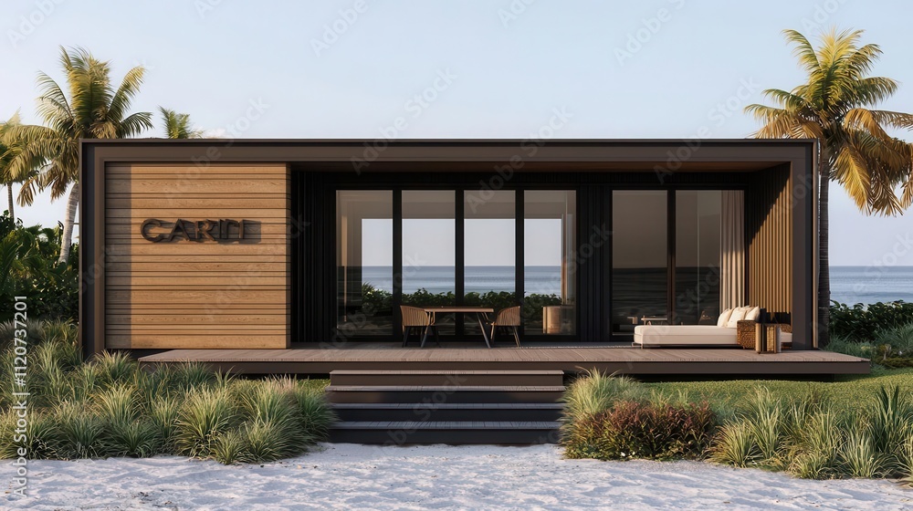 Chic container dining room exterior with matte black panels, large glass windows, and ocean view Chic container dining room exterior with matte black panels, large glass windows, and ocean view