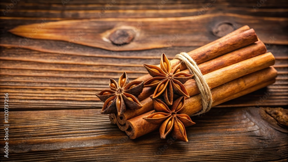 A cinnamon stick and dried anise star arranged on a wooden table, cinnamon stick, dried anise star, spices, wood, aromatic A cinnamon stick and dried anise star arranged on a wooden table, cinnamon stick, dried anise star, spices, wood, aromatic