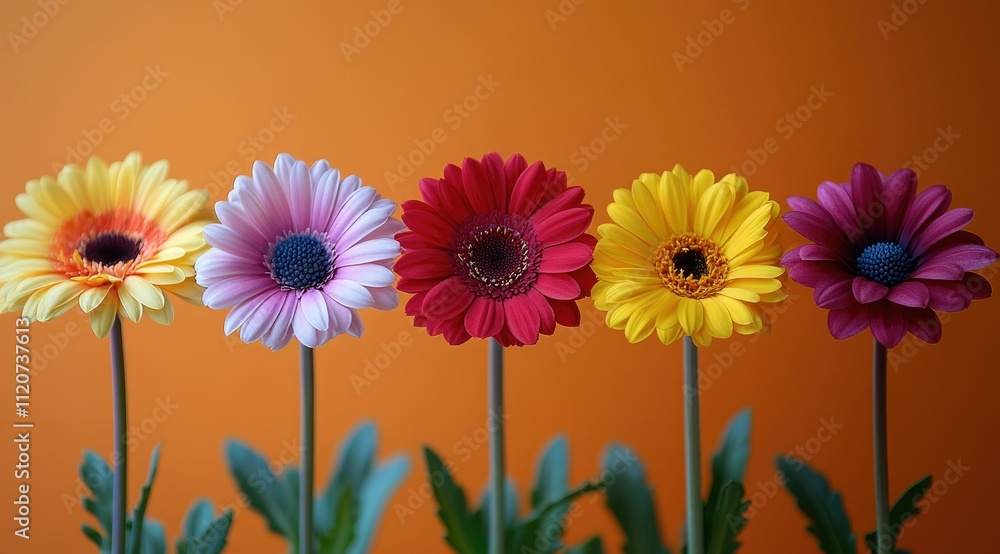 Five colorful gerbera daisies in a row against an orange background.