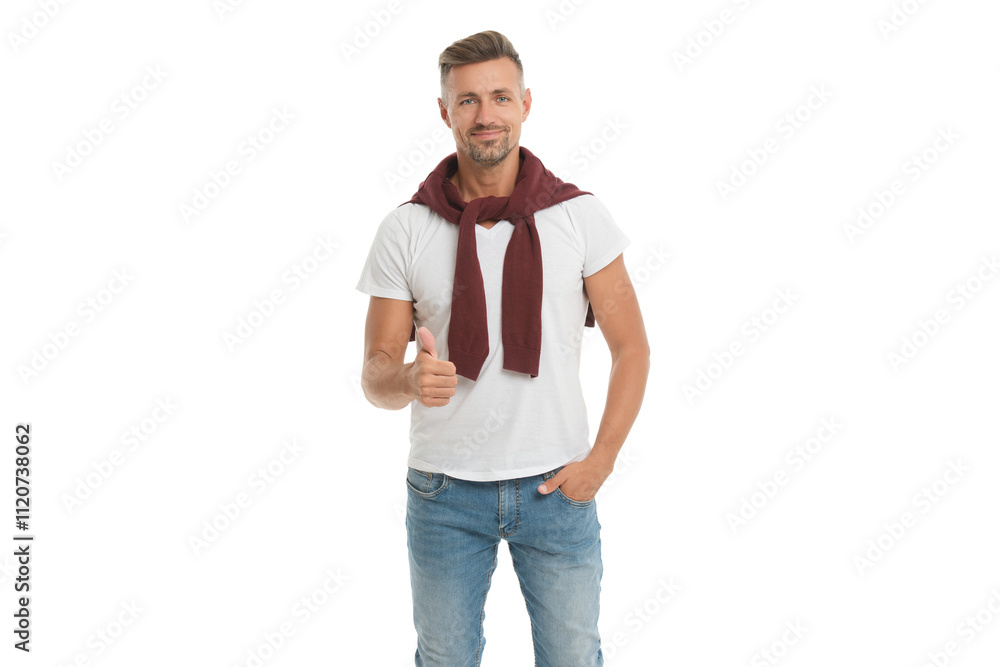 Man in tshirt isolated on white. Handsome mature man with hair. Stylish male. Men casual style. Portrait of handsome guy in menswear. Stylish menswear fashion. Caucasian mature man showing thumb up Man in tshirt isolated on white. Handsome mature man with hair. Stylish male. Men casual style. Portrait of handsome guy in menswear. Stylish menswear fashion. Caucasian mature man showing thumb up