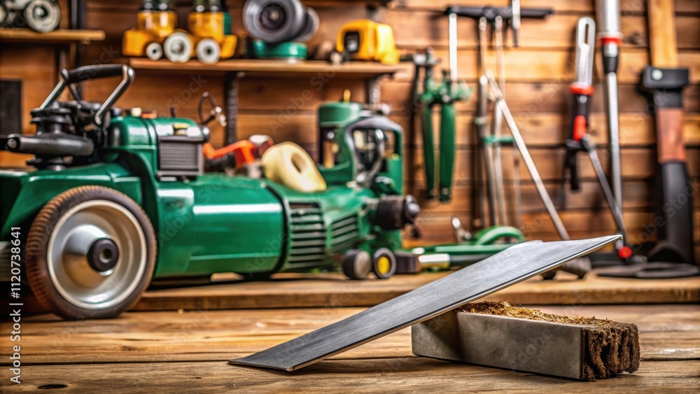 Sharpening blade for lawnmower with tools on a workbench, mower, blade, sharp, tools, maintenance, equipment, DIY, workshop Sharpening blade for lawnmower with tools on a workbench, mower, blade, sharp, tools, maintenance, equipment, DIY, workshop
