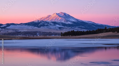 Sunrise illuminates a snow-capped mountain reflected in a partially frozen lake.