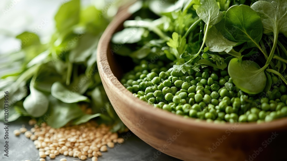Fresh green peas, parsley, and spinach in a wooden bowl with quinoa seeds. Fresh green peas, parsley, and spinach in a wooden bowl with quinoa seeds.