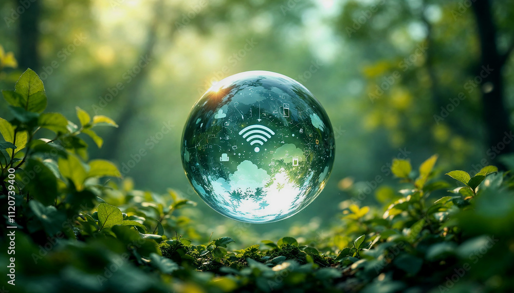 A transparent glass sphere floating in a lush green forest, surrounded by nature icons and symbols representing environmental sustainability and technology A transparent glass sphere floating in a lush green forest, surrounded by nature icons and symbols representing environmental sustainability and technology