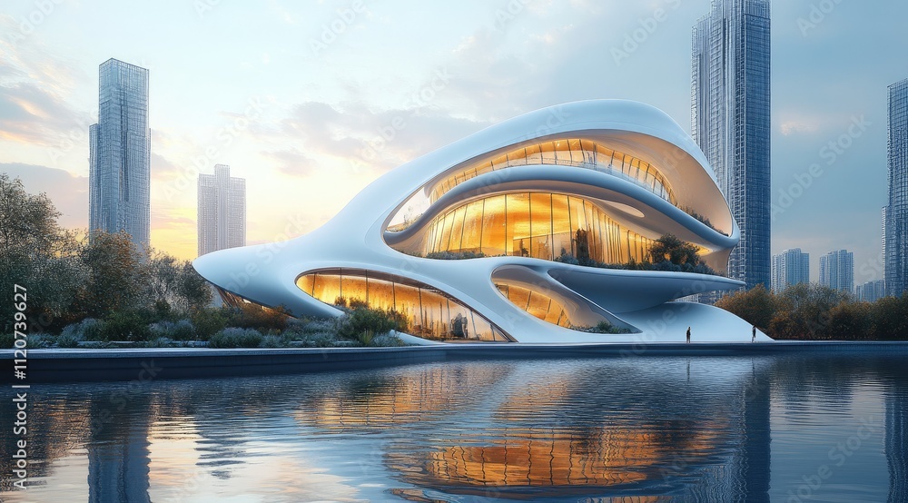 Naklejka premium Futuristic architecture reflecting in calm water at sunset.