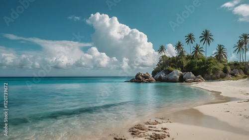 Serene tropical beach scene.  Turquoise water laps a white sand shore, fringed by palm trees and dramatic rocks under a fluffy white cloud.  Paradise found.
 photo