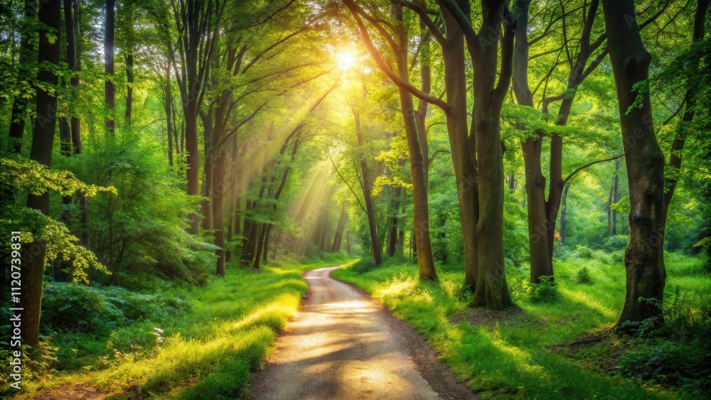 Naklejka premium Sunlit pathway winding through vibrant green forest, nature, sunlight, pathway, green, trees, foliage, peaceful, tranquil