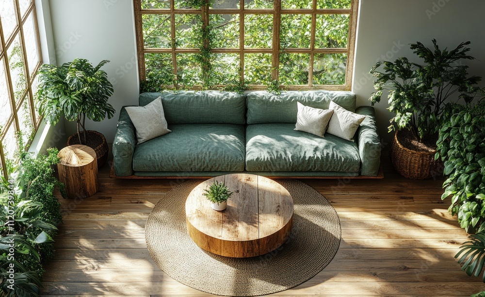 Aerial view of modern living room with green sofa circular wooden coffee table indoor plants natural light Aerial view of modern living room with green sofa circular wooden coffee table indoor plants natural light