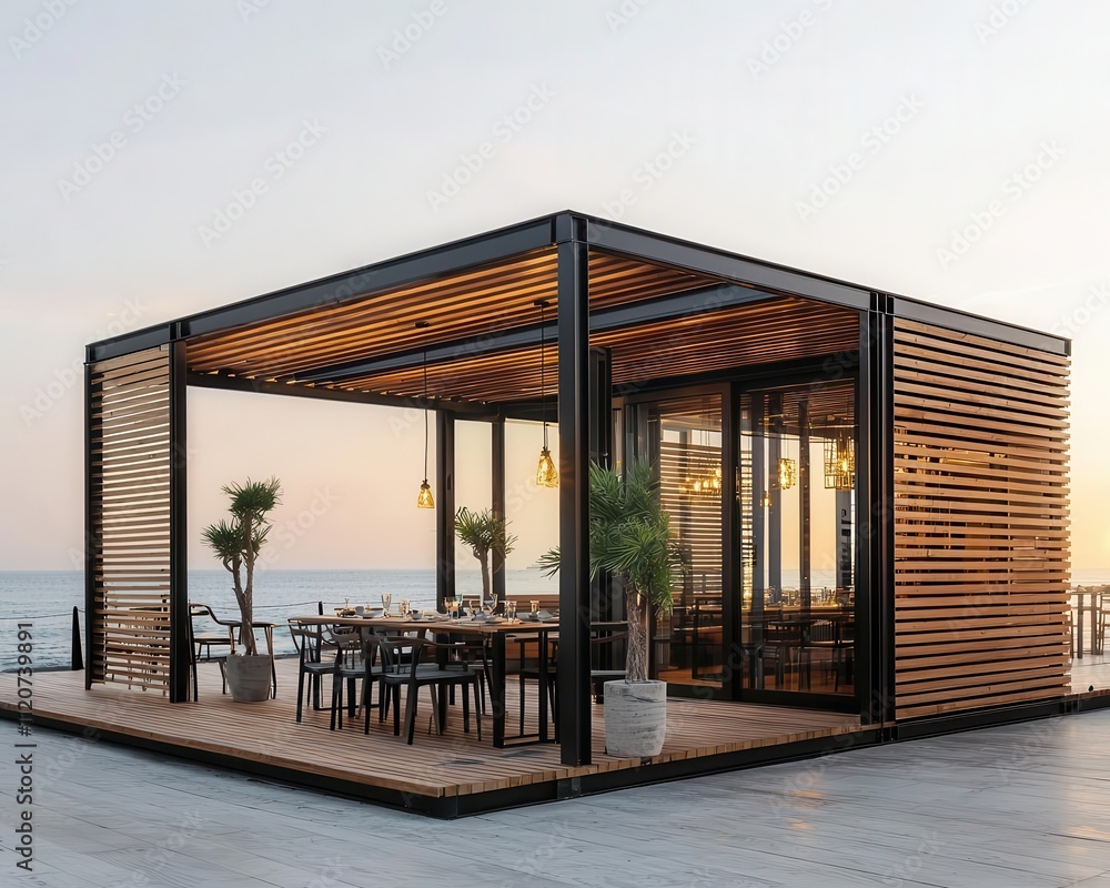 Elegant container dining room exterior with vertical wood slats, open terrace, and sunset over the ocean Elegant container dining room exterior with vertical wood slats, open terrace, and sunset over the ocean