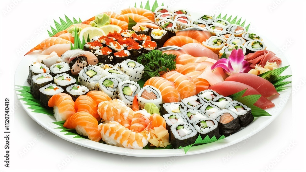 Lifelike photo of a sushi platter with various rolls and sashimi
Lifelike photo of a sushi platter with various rolls and sashimi