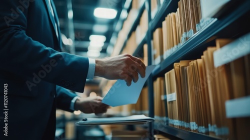 Businessman Reviewing Documents in Archive