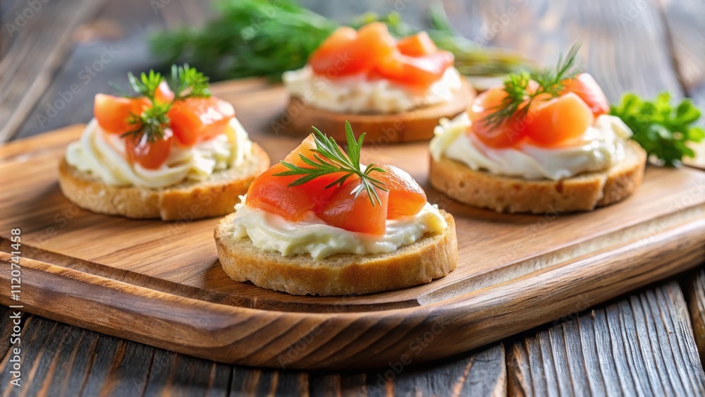 Canape with creamy spread and smoked salmon on a wooden serving platter, appetizer, canape, cream, seafood Canape with creamy spread and smoked salmon on a wooden serving platter, appetizer, canape, cream, seafood