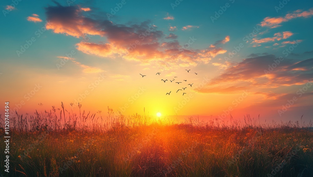 Tranquil Sunset Over Lush Meadow with Silhouetted Birds Flying in the Warm Colors of Dusk, Evoking Peace and Serenity in Nature's Splendor Tranquil Sunset Over Lush Meadow with Silhouetted Birds Flying in the Warm Colors of Dusk, Evoking Peace and Serenity in Nature's Splendor