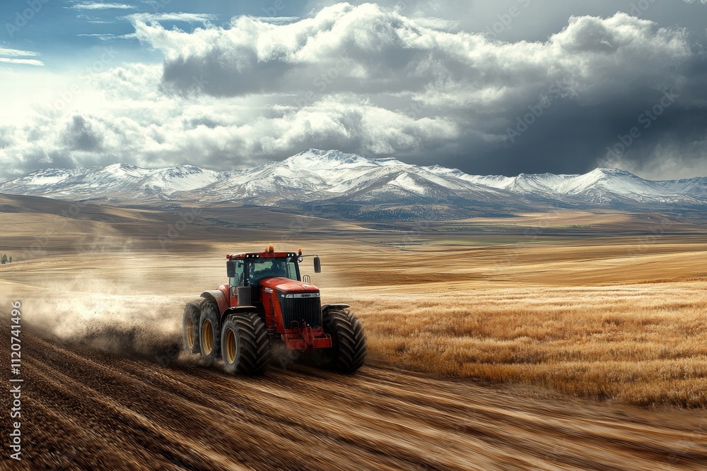 Farm tractor plowing fields in mountainous landscape during harvest season capturing agriculture in action Farm tractor plowing fields in mountainous landscape during harvest season capturing agriculture in action