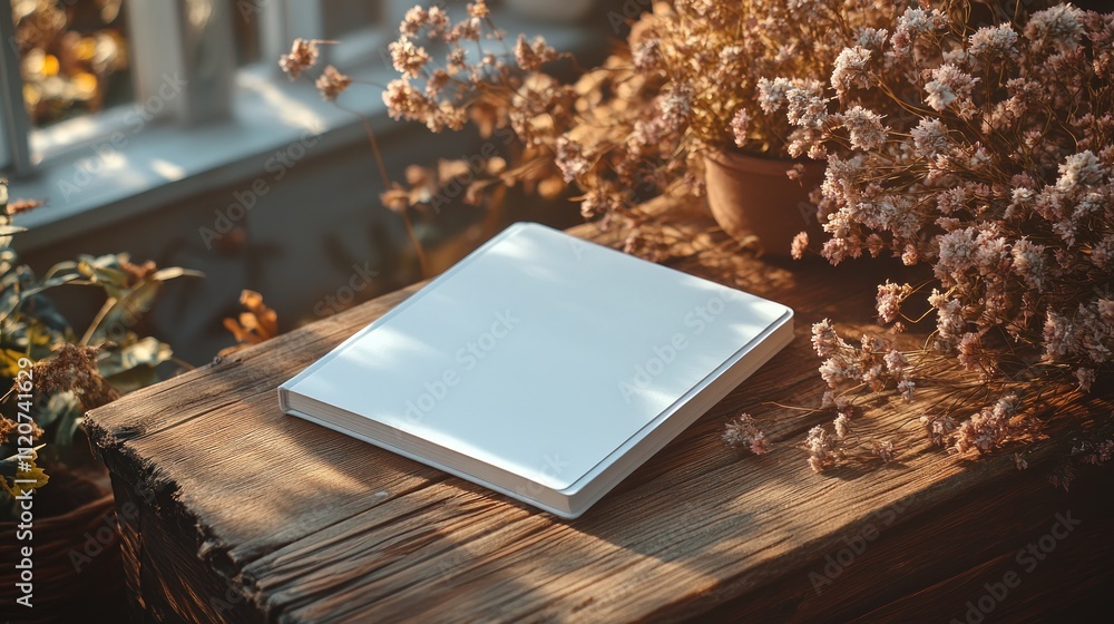 Fototapeta premium Minimalist Empty Book Cover on Rustic Wooden Table Surrounded by Dried Flowers
