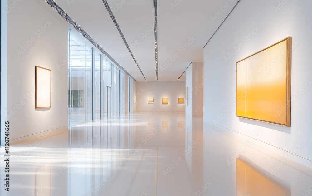 Fototapeta premium Modern Art Gallery with Yellow Abstract Paintings