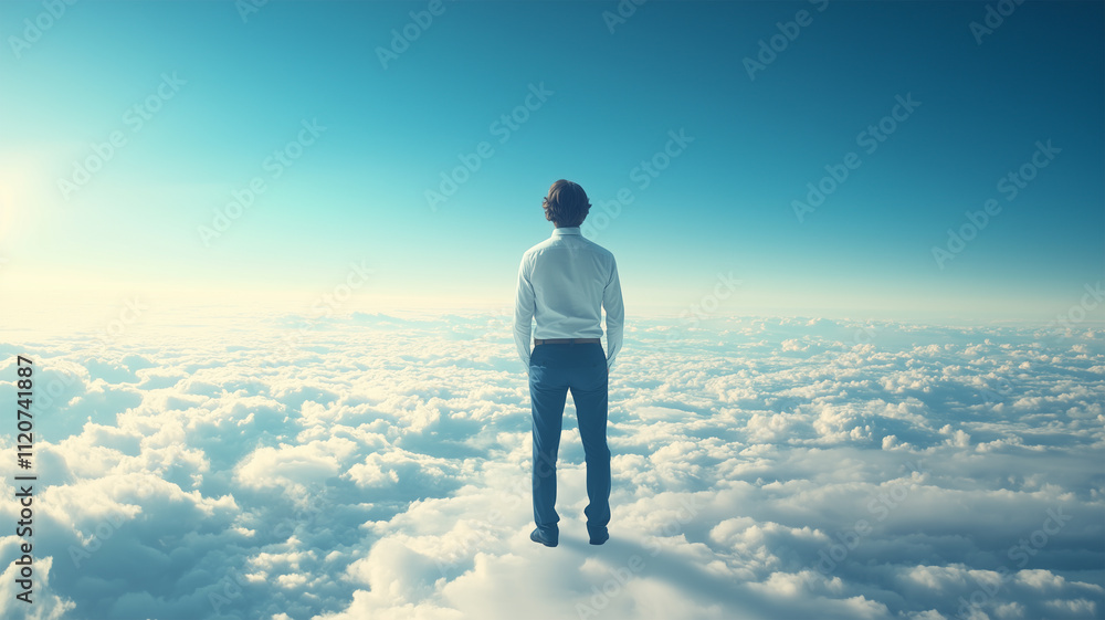 雲海の上で空を見上げる男性