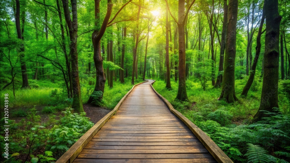 Wooden pathway leading into vibrant lush green forest, wooden walkway, path, trail, greenery, trees, nature, forest Wooden pathway leading into vibrant lush green forest, wooden walkway, path, trail, greenery, trees, nature, forest