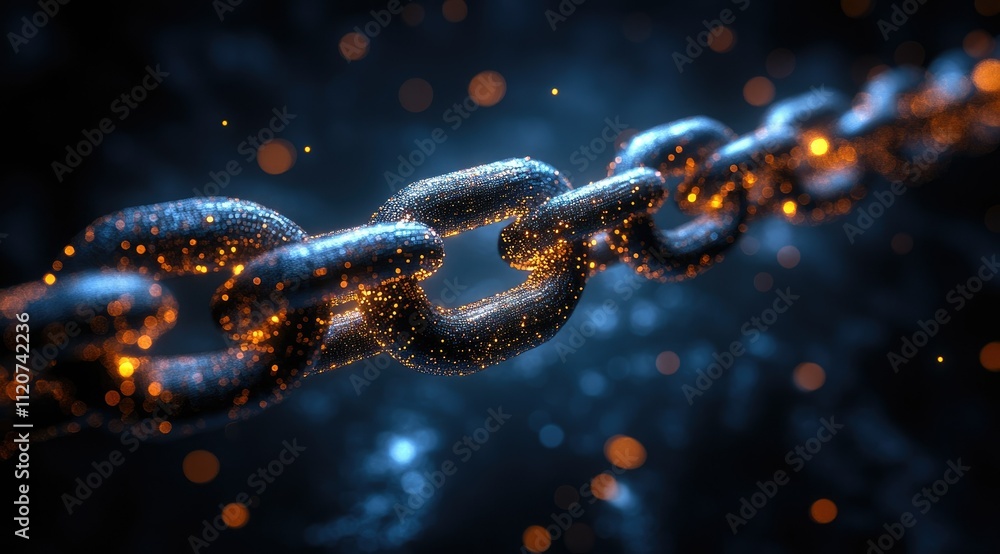 Glowing metallic chain links, connection, strength, security concept. Glowing metallic chain links, connection, strength, security concept.