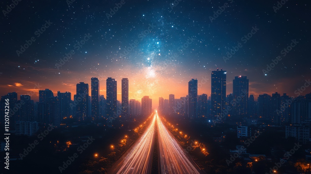 City highway at night with starlit sky. City highway at night with starlit sky.